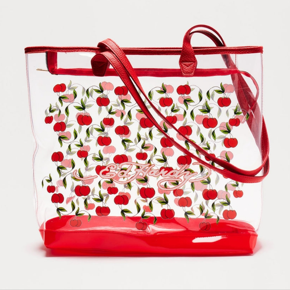 NWT Ed Hardy clear cherry tote bag